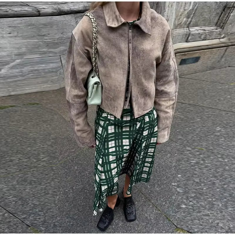 Vintage Tie-dye Wildleder Frauen Jacke Langarm Revers Zipper Dünne Weibliche Kurze Jacken 2025, Herbst Tasche Dame outwear Neue