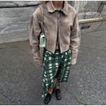 Vintage Tie-dye Wildleder Frauen Jacke Langarm Revers Zipper Dünne Weibliche Kurze Jacken 2025, Herbst Tasche Dame outwear Neue