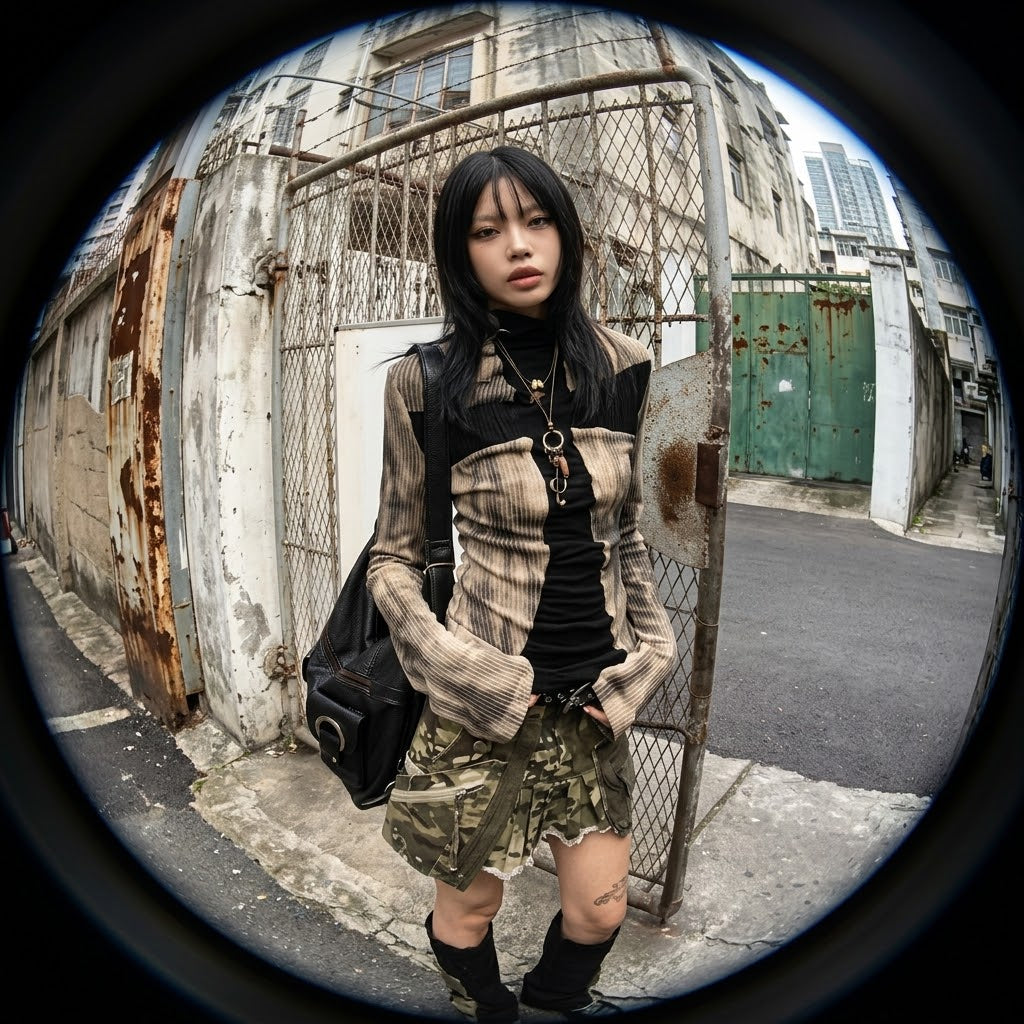 Women Y2K Clothing Ribbed Tops Vintage Harajuku Cross Print T-shirt Grunge Aesthetic Long Sleeve Patchwork Tops Trend 2000s