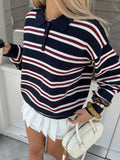 Amerikanischer College-Stil Polo-Pullover mit Blau-Weiß-Rot Gestreiftem Kragen 2026 Mode Klassische Farben für Stilvollen Look