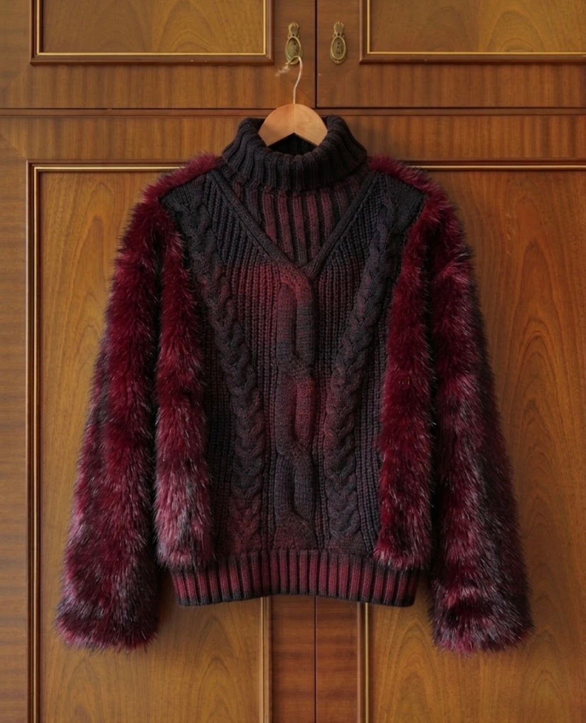 Winter Thickened Warm Fur-Trimmed Sweater for Women and Men Vintage Oversized Cable Knit Fluffy Turtleneck Red Black