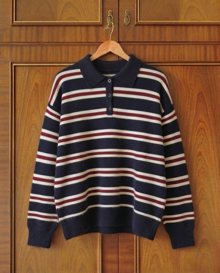 American College Style Polo-Sweater with Blue-White-Red Striped Collar 2026 Fashion Classic Colors for Stylish Look