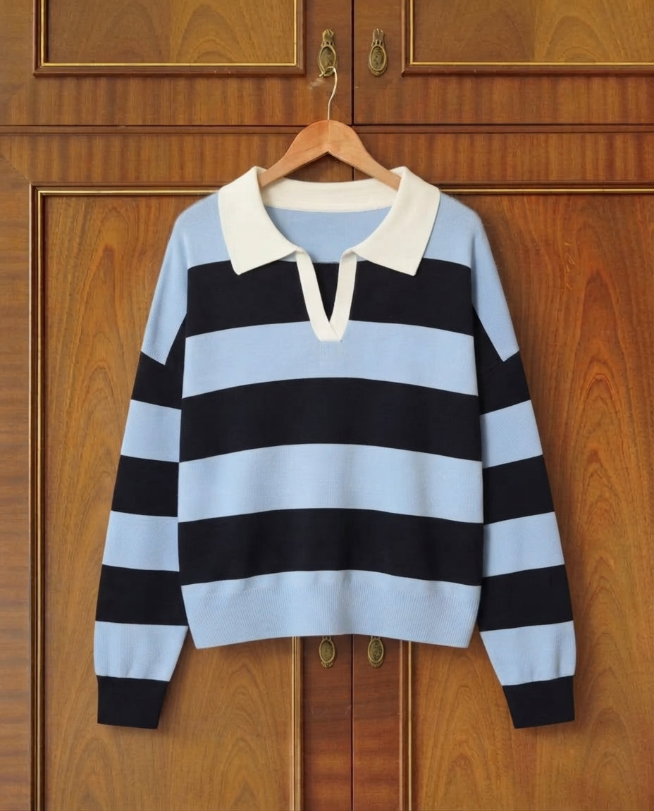 ETJ 2025 Autumn Women's New Line Street Style Fashion Yellow Wide Striped Polo Collar Loose Version Long-Sleeved Pullover