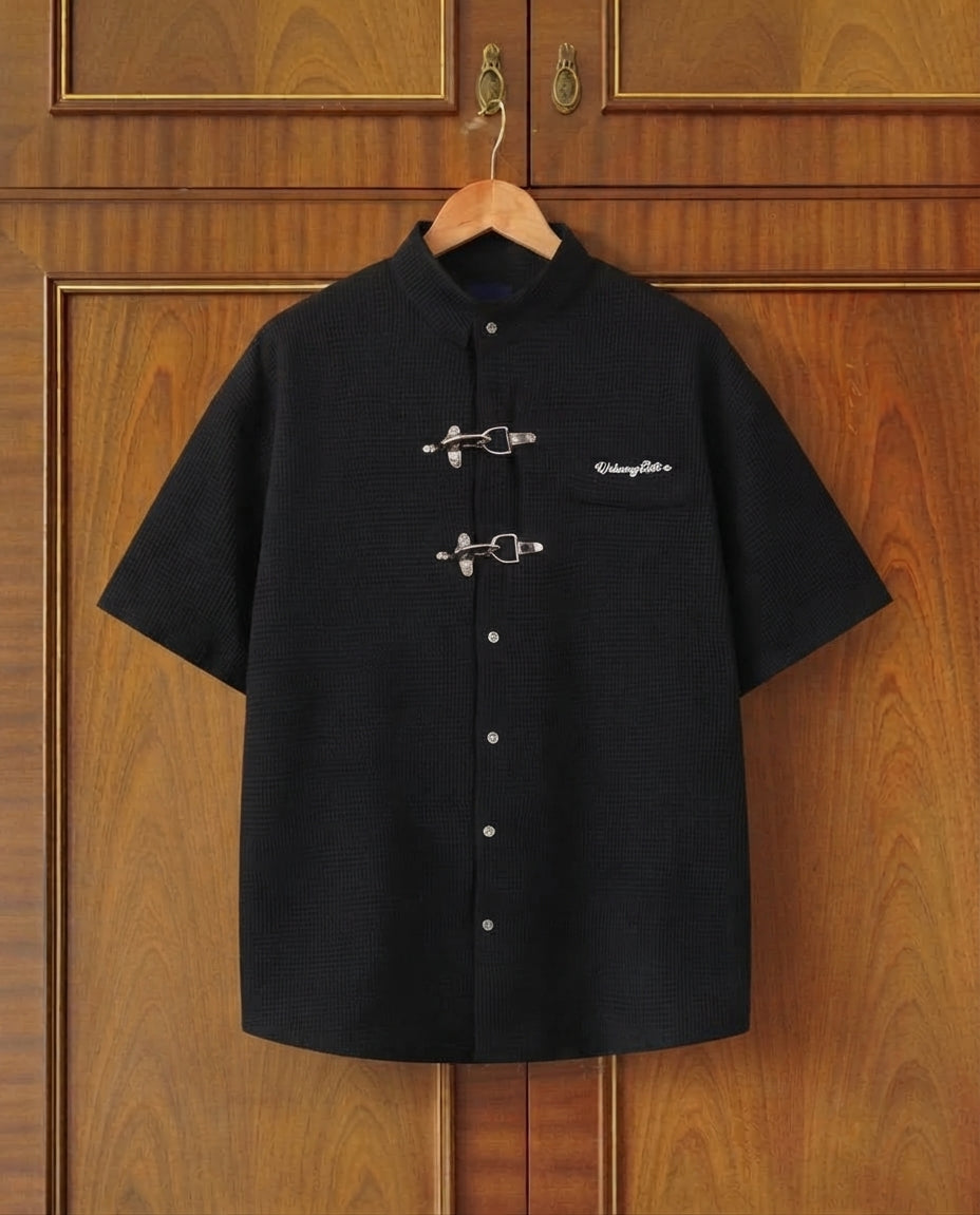 Men's Short Sleeve Solid Color Streetwear Loose Waffle Shirt Oversized Harajuku Casual Blouse