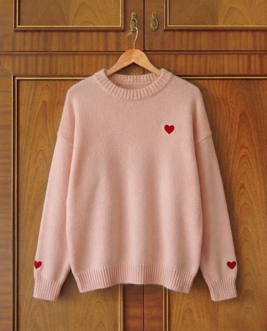 Elegant Red Heart Knit Sweater for Women, Soft Long Sleeve Loose Fit Pullover, For Daily Commuting and Formal Occasions