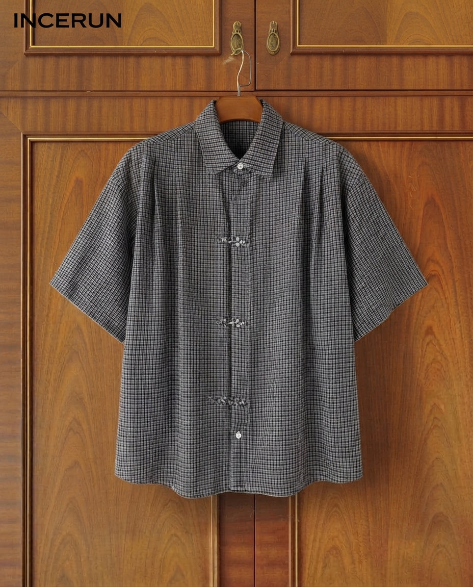 INCERUN Men's Plaid Shirt Short Sleeve Button-Down Loose Fitting Men's Clothing Summer Streetwear 2026 Fashion Casual Tops Korean Style Shirts