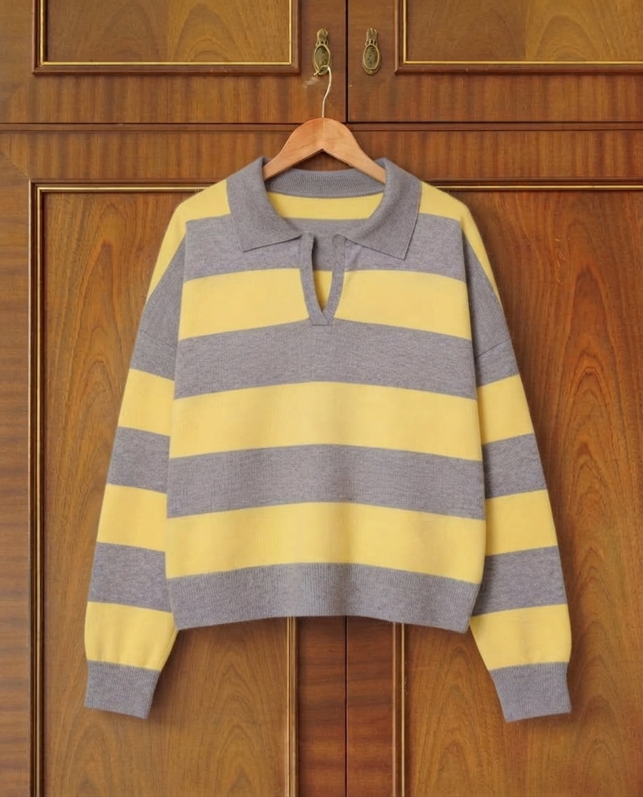 ETJ 2025 Autumn Women's New Line Street Style Fashion Yellow Wide Striped Polo Collar Loose Version Long-Sleeved Pullover