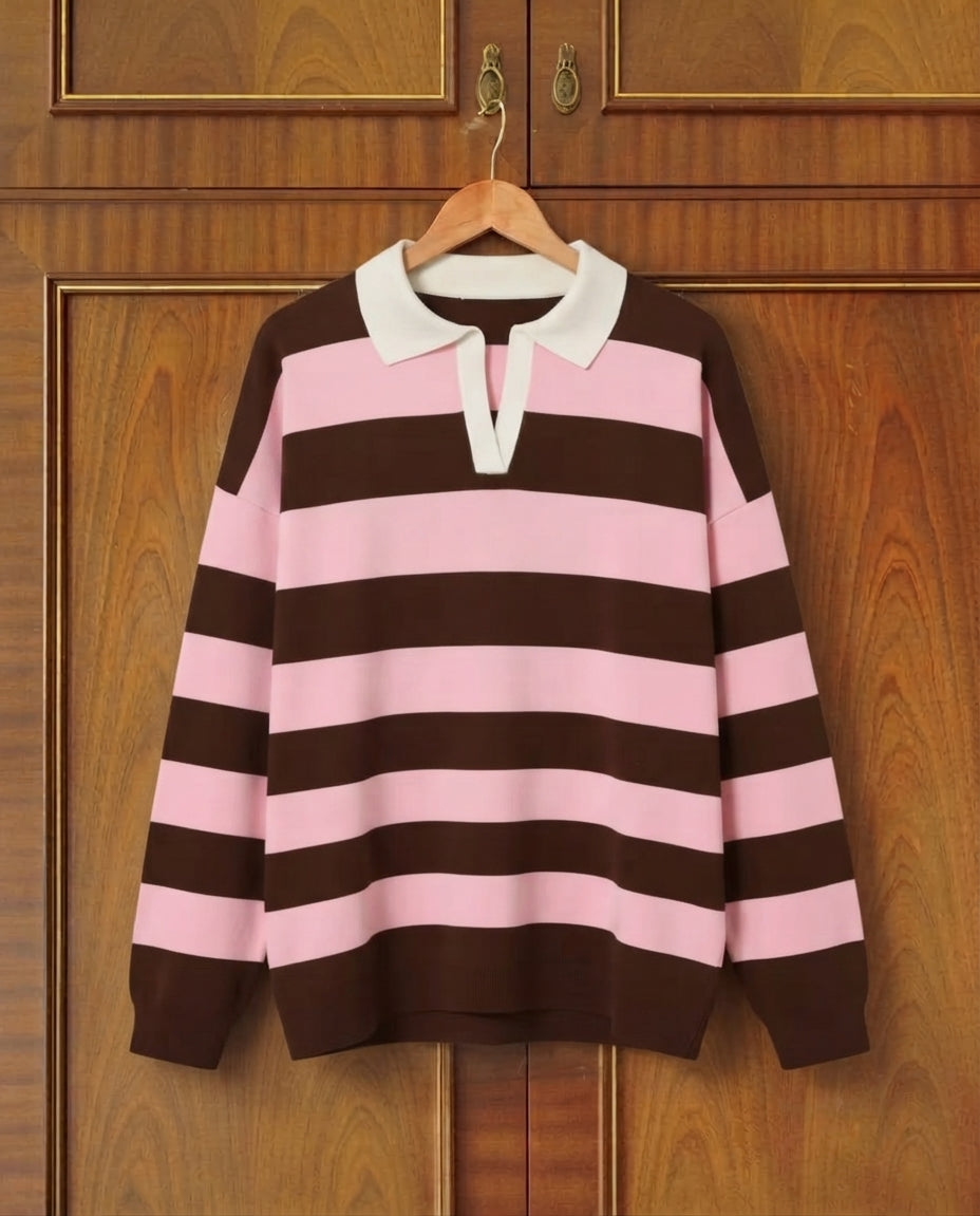 ETJ 2025 Autumn Women's New Line Street Style Fashion Yellow Wide Striped Polo Collar Loose Version Long-Sleeved Pullover