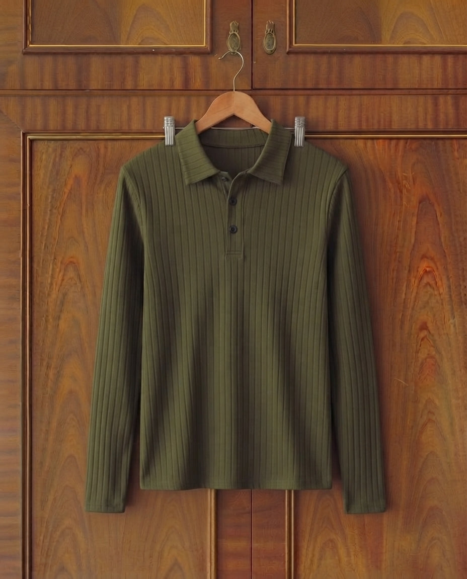 Grenzübergreifendes Herren-Poloshirt für den Herbst, klassisch, lässig, amerikanischer Stil, mit Revers, Knöpfen, langen Ärmeln und elastischem Rippenmuster.