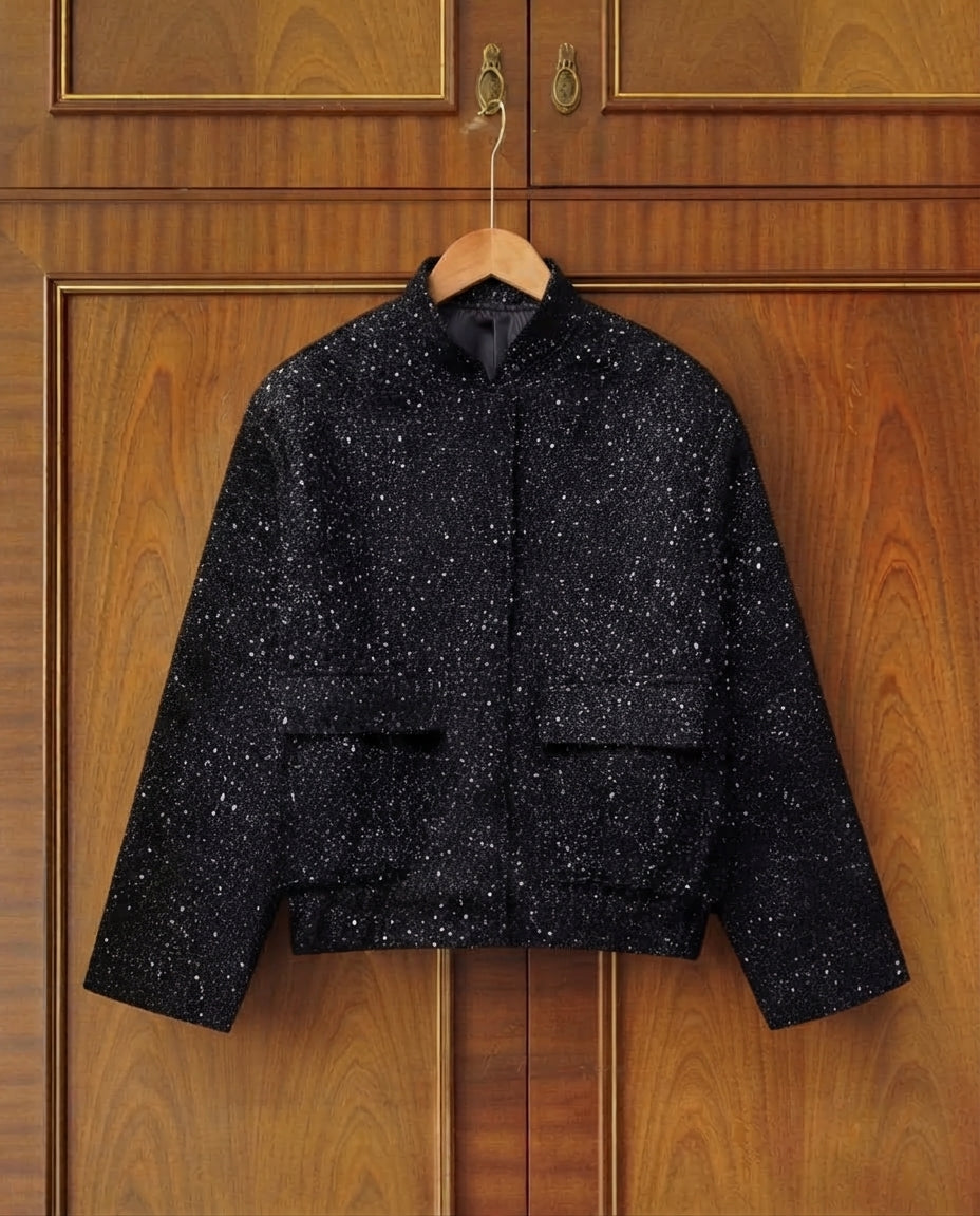 Frauen Shiny Pailletten Jacke Y2k Gold Farbe Stehkragen Langarm Kurzarm Mantel Herbst Winter Damen Hohe Streetwear