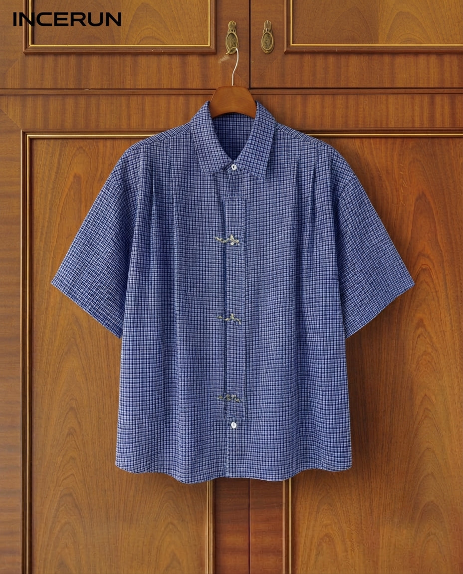 INCERUN Men's Plaid Shirt Short Sleeve Button-Down Loose Fitting Men's Clothing Summer Streetwear 2026 Fashion Casual Tops Korean Style Shirts