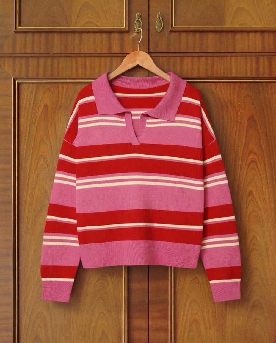 ETJ 2025 Autumn Women's New Line Street Style Fashion Yellow Wide Striped Polo Collar Loose Version Long-Sleeved Pullover