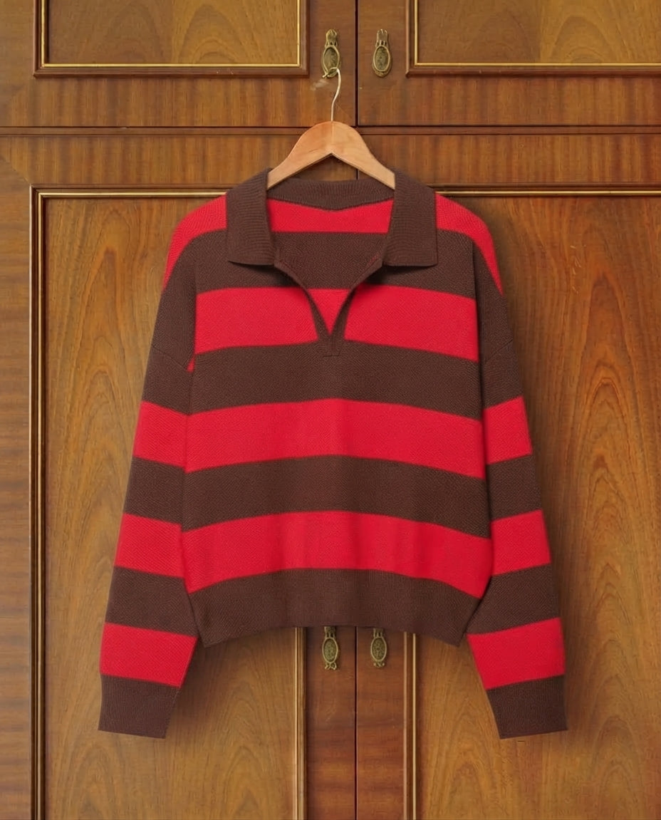 ETJ 2025 Autumn Women's New Line Street Style Fashion Yellow Wide Striped Polo Collar Loose Version Long-Sleeved Pullover