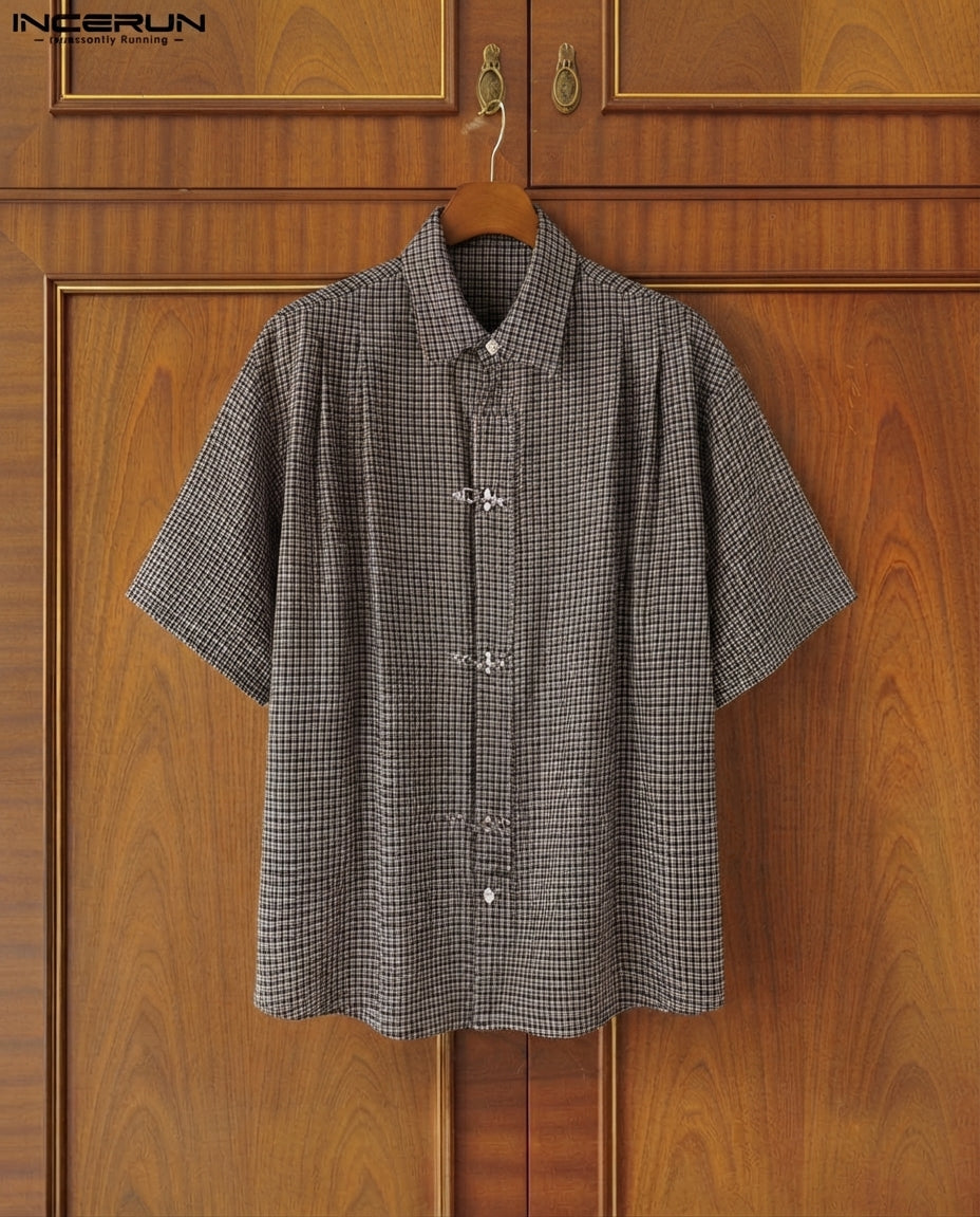 INCERUN Men's Plaid Shirt Short Sleeve Button-Down Loose Fitting Men's Clothing Summer Streetwear 2026 Fashion Casual Tops Korean Style Shirts