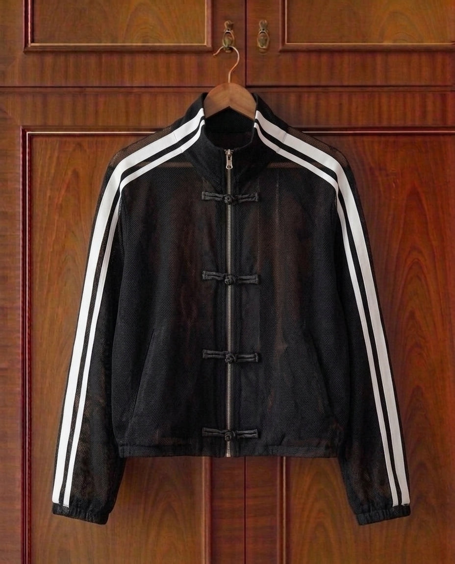 Women's Summer Y2K Streetwear Vintage Chinese Style Sheer Mesh Jacket with Stand Collar, Long Sleeves, Side Stripes, and Frog Closures