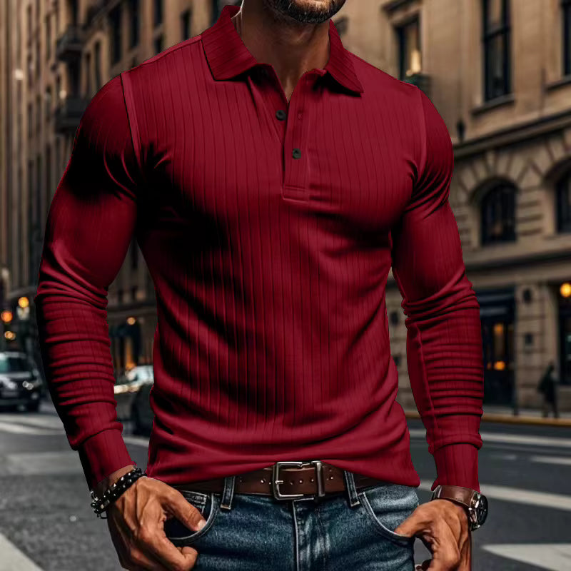 Grenzübergreifendes Herren-Poloshirt für den Herbst, klassisch, lässig, amerikanischer Stil, mit Revers, Knöpfen, langen Ärmeln und elastischem Rippenmuster.