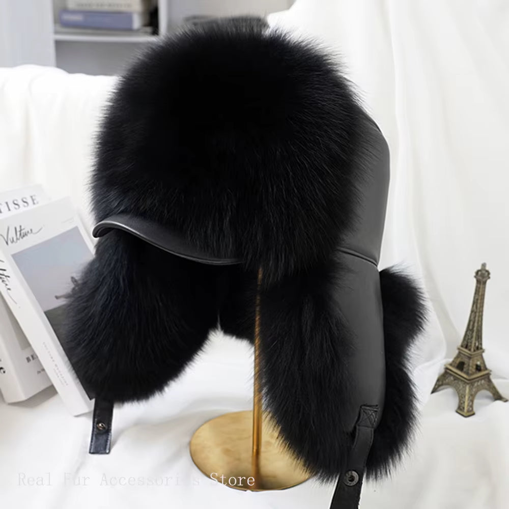 Neue Winter Herren 100% Echt Silber Fuchs Pelz Bomber Hut Waschbären Pelz Uschanka Kappe Trapper Russische Mann Ski Hüte caps Echtes Leder