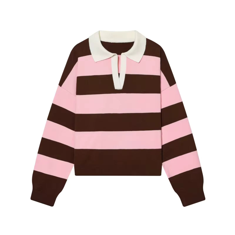 ETJ 2025 Herbst Damen neue Linie Street Style Mode gelb breit gestreift Polokragen lose Version des langärmeligen Pullovers