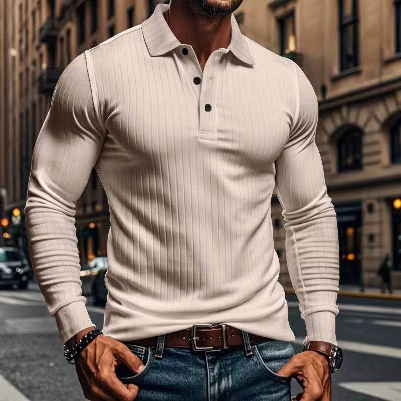 Grenzübergreifendes Herren-Poloshirt für den Herbst, klassisch, lässig, amerikanischer Stil, mit Revers, Knöpfen, langen Ärmeln und elastischem Rippenmuster.