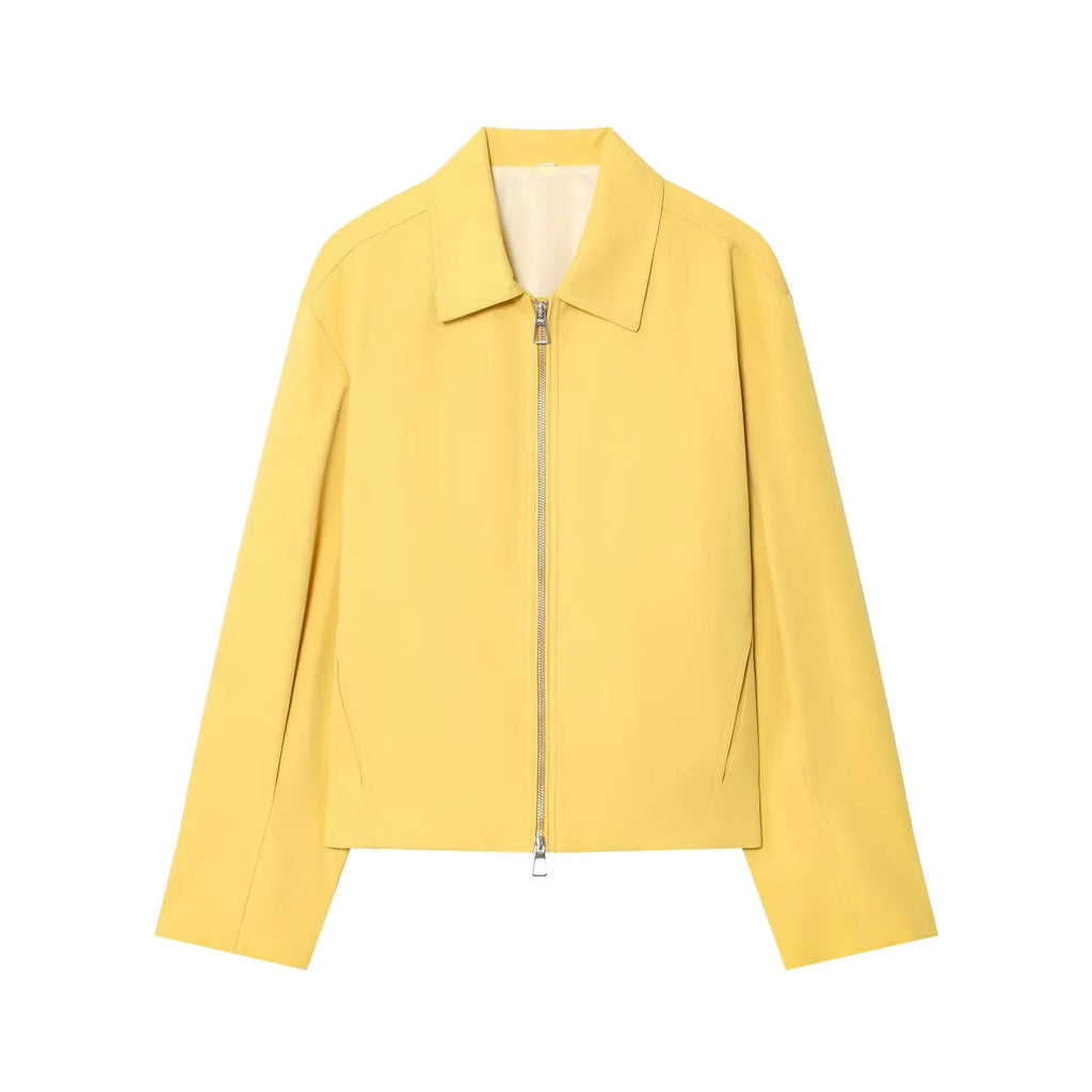 Damen Casual Einfarbige Reißverschluss-Jacke Damen Streetwear mit Revers und Taschen Langarm Schlichte Plissierte Damen-Oberbekleidung Modische Bomberjacke