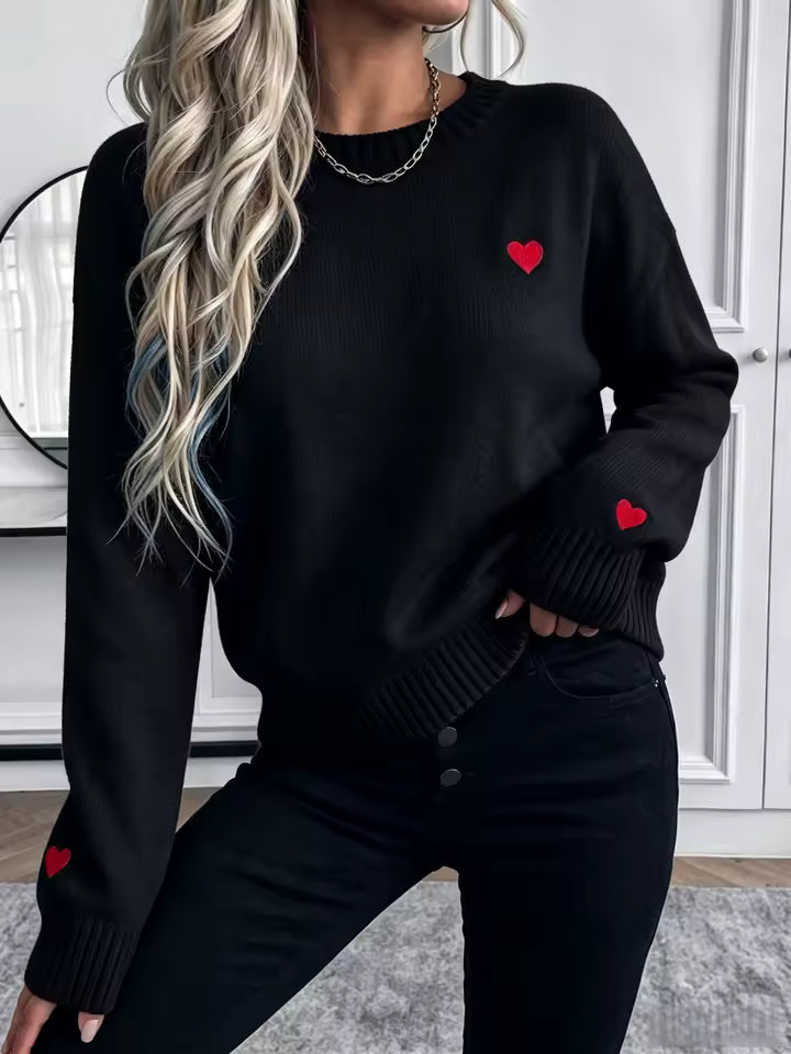 Eleganter Roter Herz-Strickpullover für Damen, Weicher Langarm-Loose-Fit-Pullover, Für Tägliches Pendeln und Formelle Anlässe