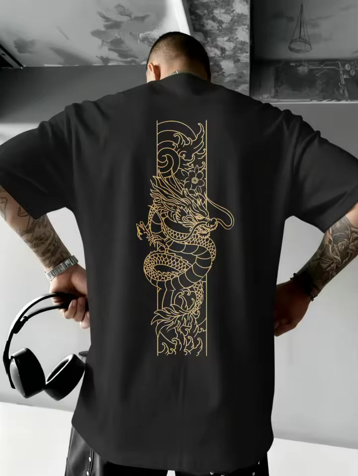 JOOCAR Goldenes Drachenmuster auf schwarzem T-Shirt, lässiges Baumwoll-T-Shirt für alle Jahreszeiten, Rundhalsausschnitt, weich, dehnbar, atmungsaktiv, kurze Ärmel, modisches Streetwear-Oberteil