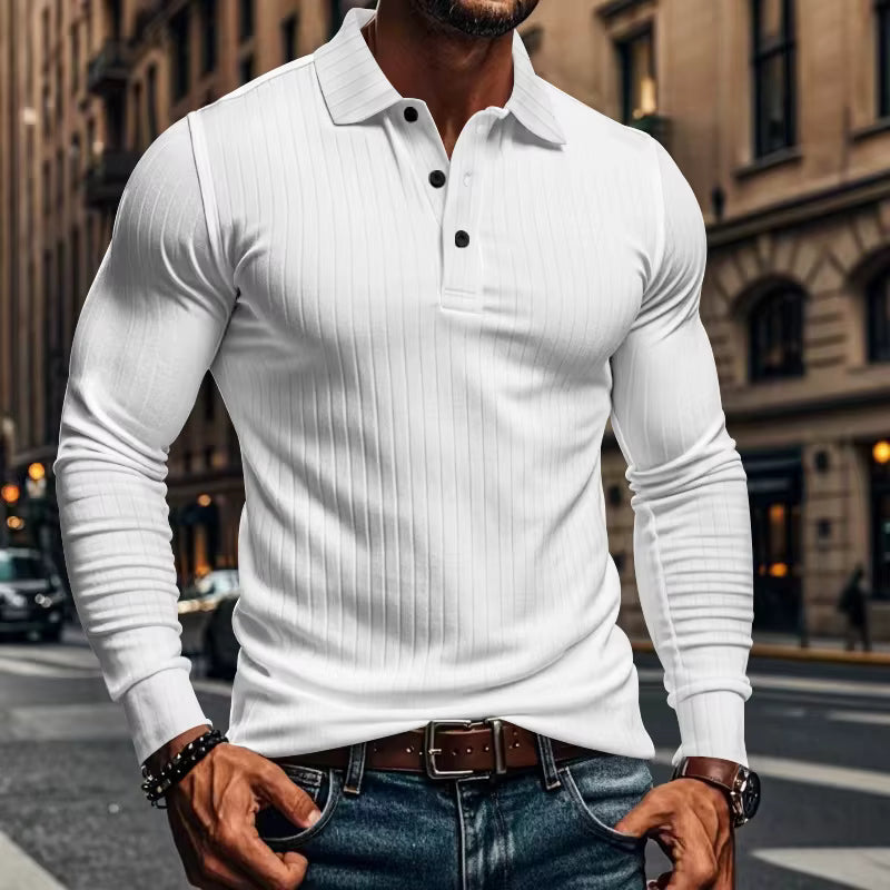 Grenzübergreifendes Herren-Poloshirt für den Herbst, klassisch, lässig, amerikanischer Stil, mit Revers, Knöpfen, langen Ärmeln und elastischem Rippenmuster.
