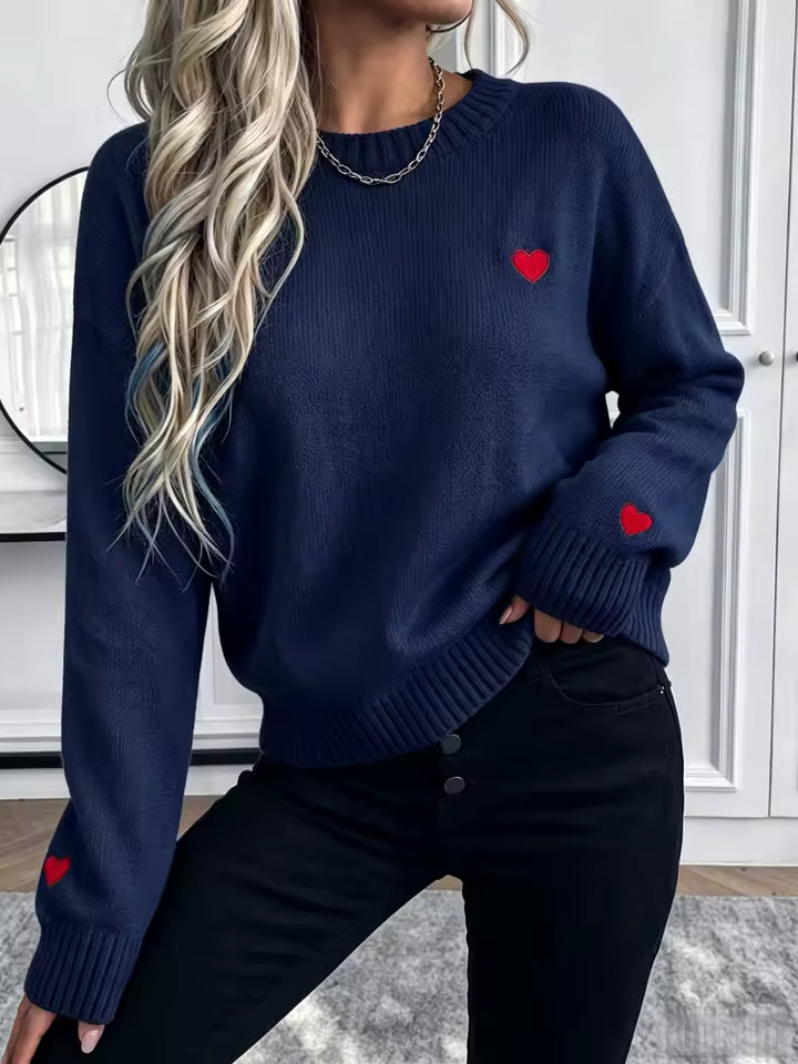 Eleganter Roter Herz-Strickpullover für Damen, Weicher Langarm-Loose-Fit-Pullover, Für Tägliches Pendeln und Formelle Anlässe