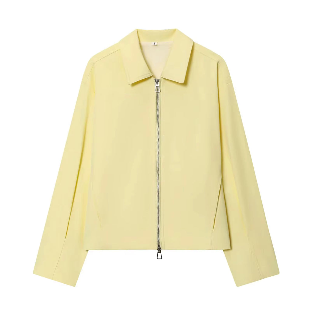 Damen Casual Einfarbige Reißverschluss-Jacke Damen Streetwear mit Revers und Taschen Langarm Schlichte Plissierte Damen-Oberbekleidung Modische Bomberjacke