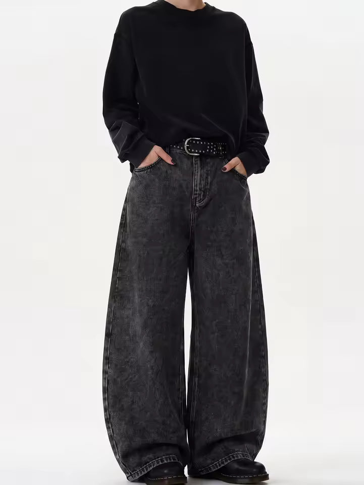 High Streets Frühling Sommer Herren-Jeans Amerikanischer Baggy-Stil Weites Bein Gebogene Schnittlinie Denim-Hose Locker Sitzende Einfarbige Trendige Herrenhose
