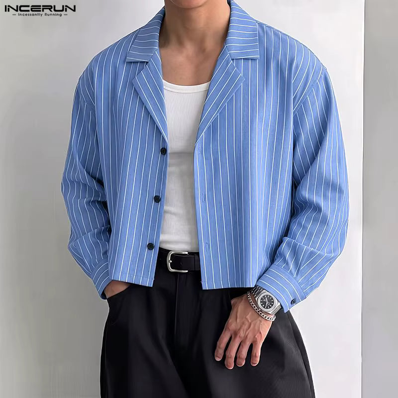 INCERUN Herren Gestreiftes Hemd mit Revers, Langarm, Knopfleiste, Locker Geschnitten, Streetwear im Koreanischen Stil, Modische Freizeithemden für Männer