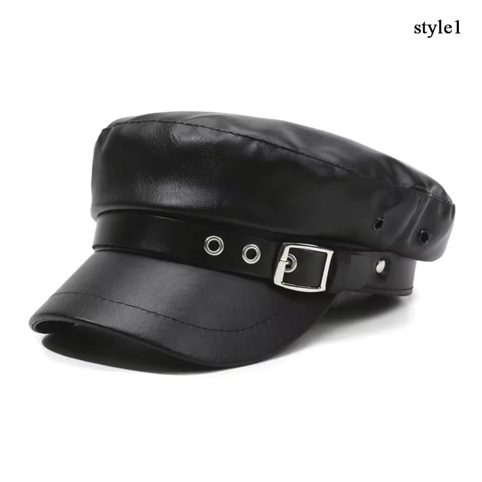 Mode Frauen Berets Schwarz Pu Leder Flache Top Newsboy Caps Vintage Sonnencreme England Flache Y2k Gils Punk Stil Baskenmütze Kappen