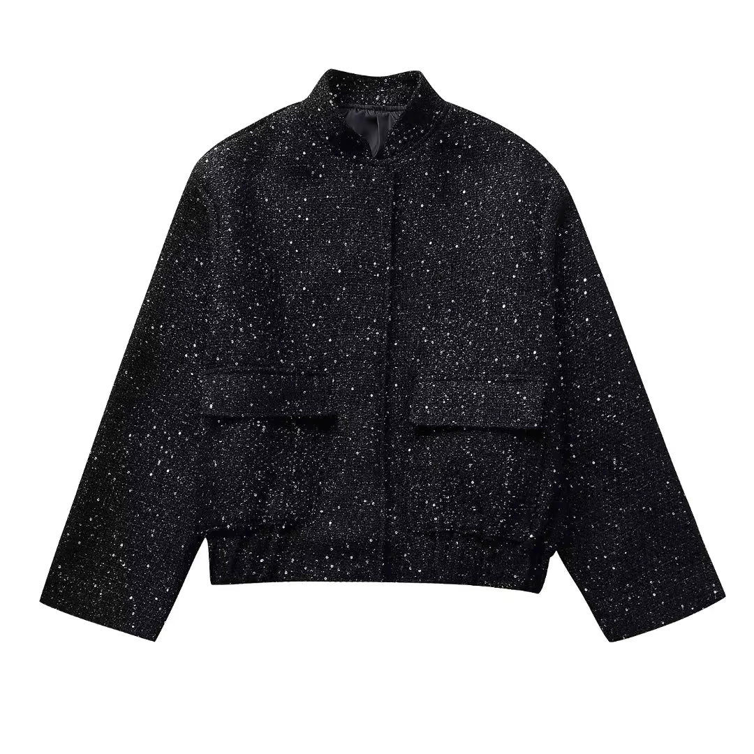 Frauen Shiny Pailletten Jacke Y2k Gold Farbe Stehkragen Langarm Kurzarm Mantel Herbst Winter Damen Hohe Streetwear