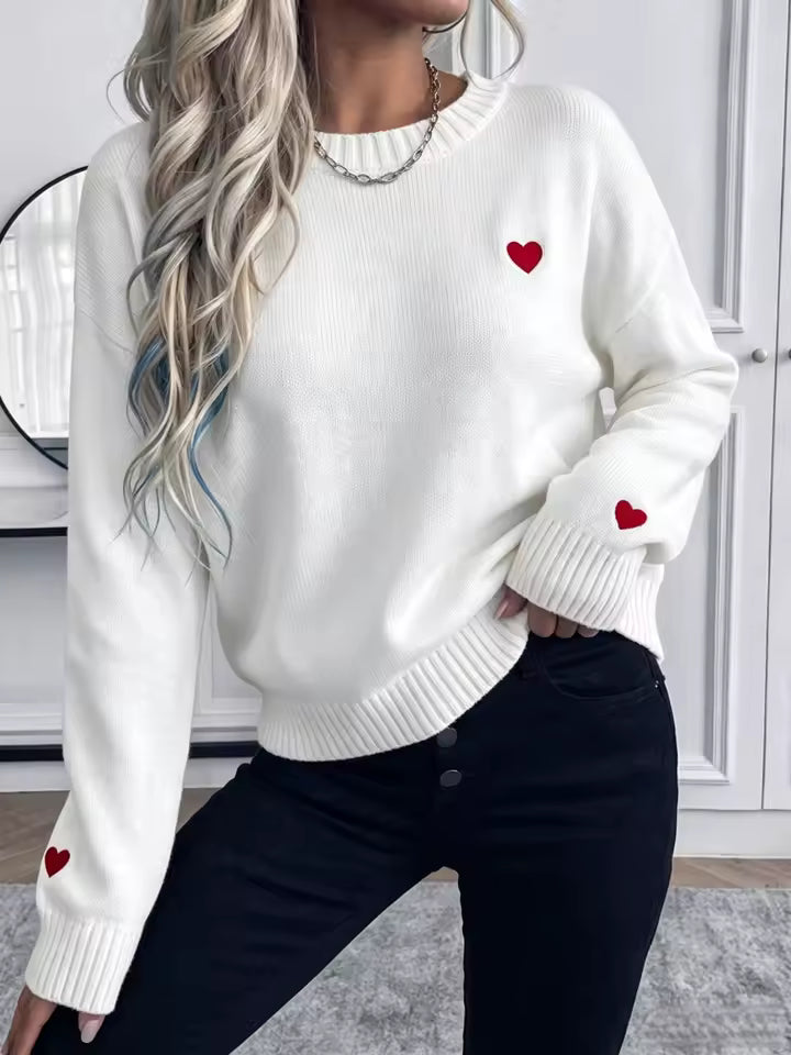 Eleganter Roter Herz-Strickpullover für Damen, Weicher Langarm-Loose-Fit-Pullover, Für Tägliches Pendeln und Formelle Anlässe