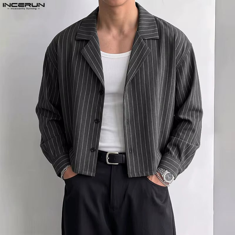INCERUN Herren Gestreiftes Hemd mit Revers, Langarm, Knopfleiste, Locker Geschnitten, Streetwear im Koreanischen Stil, Modische Freizeithemden für Männer