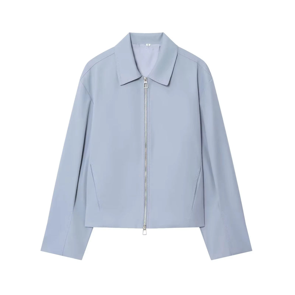 Damen Casual Einfarbige Reißverschluss-Jacke Damen Streetwear mit Revers und Taschen Langarm Schlichte Plissierte Damen-Oberbekleidung Modische Bomberjacke