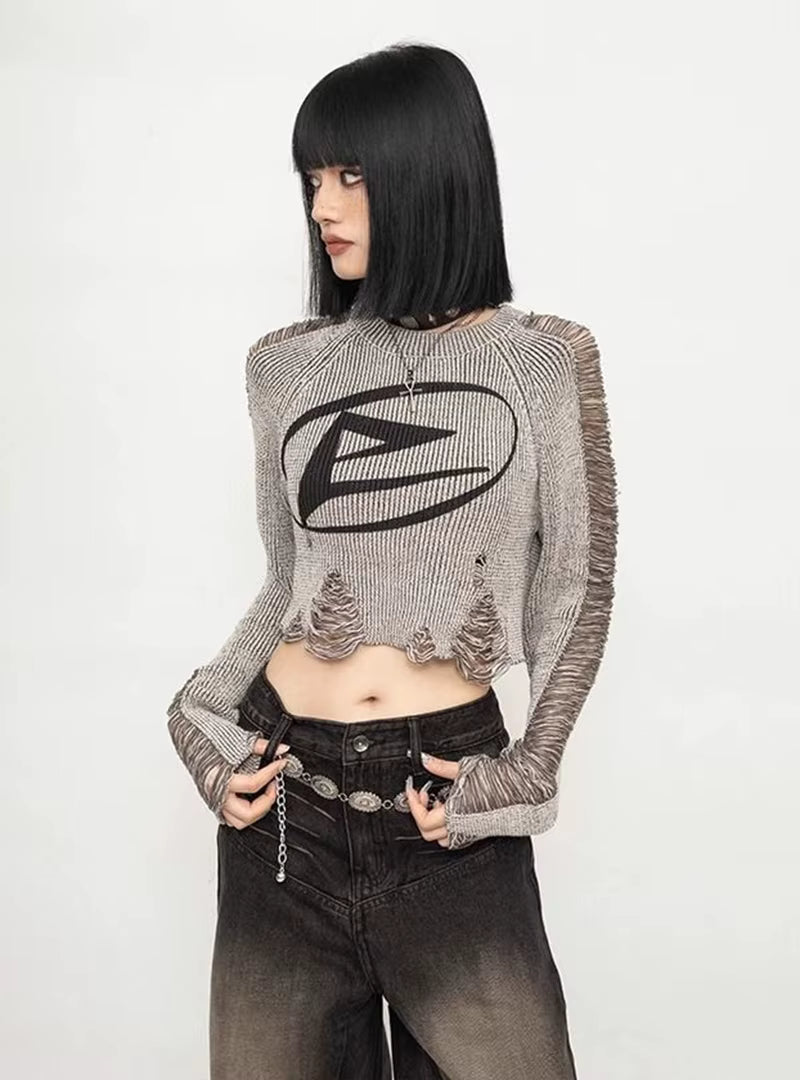 American Vintage Distressed Cropped Pullover Damen Langarm Street Knit Top Subkultur O Neck Ripped Harajuku Y2K Pullover