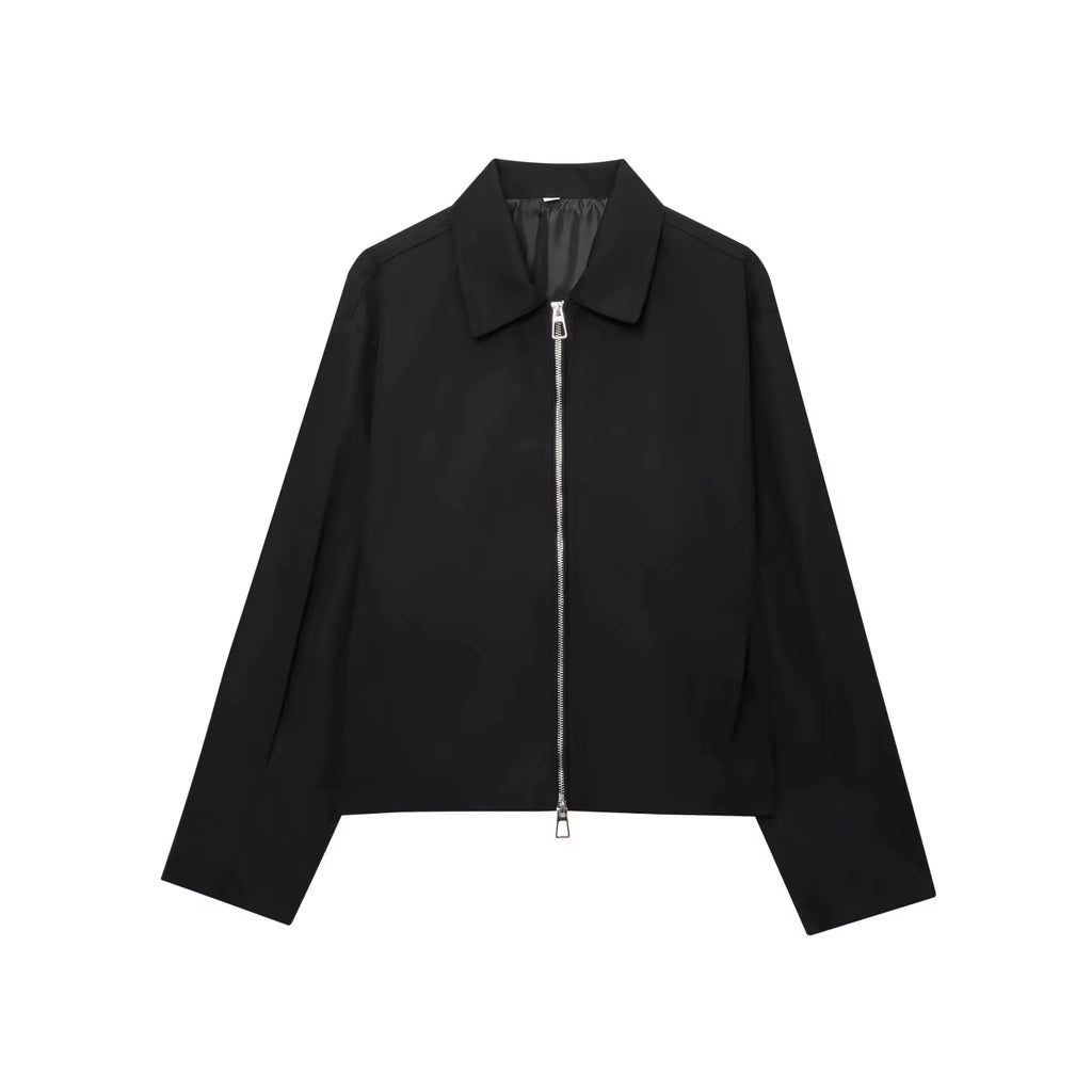 Damen Casual Einfarbige Reißverschluss-Jacke Damen Streetwear mit Revers und Taschen Langarm Schlichte Plissierte Damen-Oberbekleidung Modische Bomberjacke