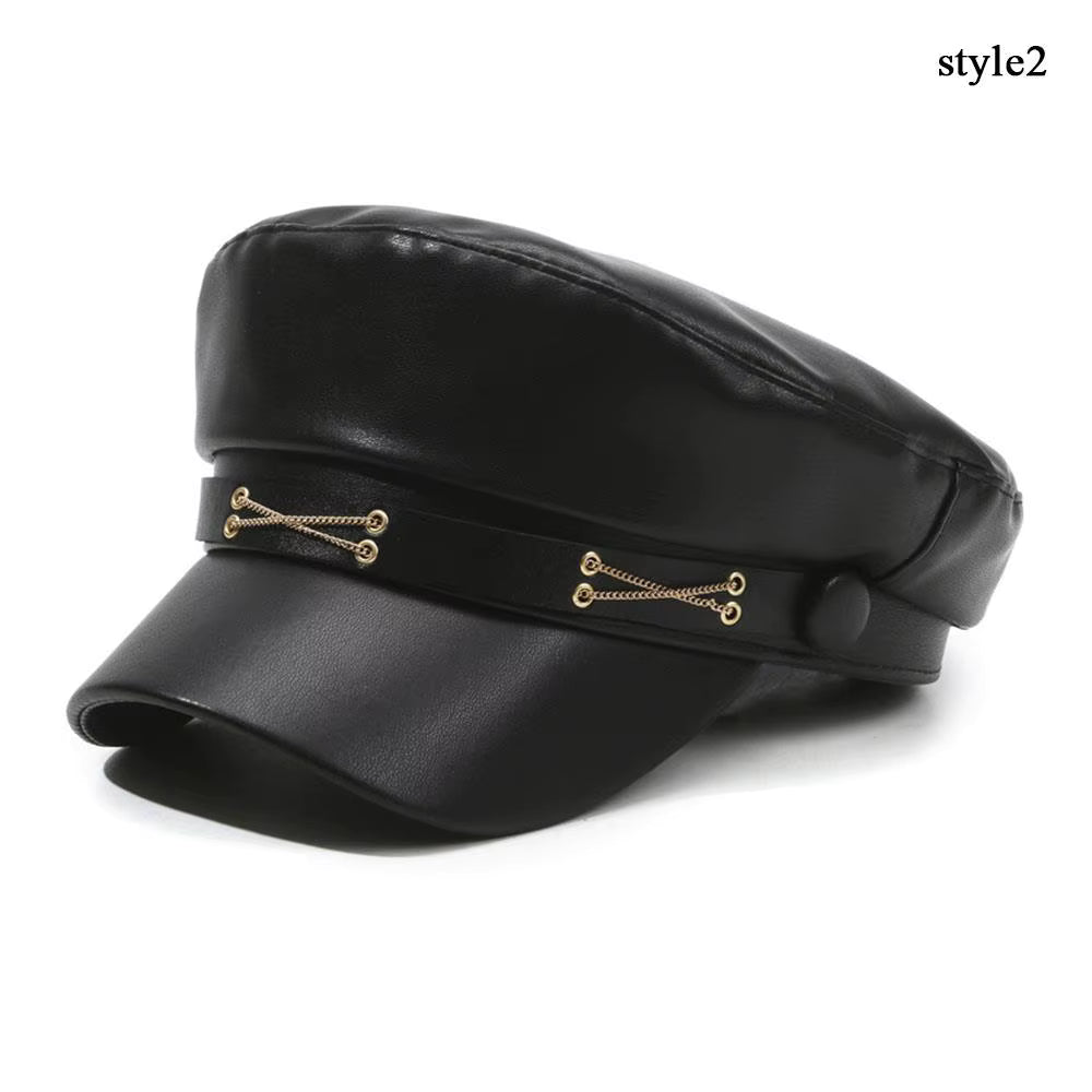 Mode Frauen Berets Schwarz Pu Leder Flache Top Newsboy Caps Vintage Sonnencreme England Flache Y2k Gils Punk Stil Baskenmütze Kappen