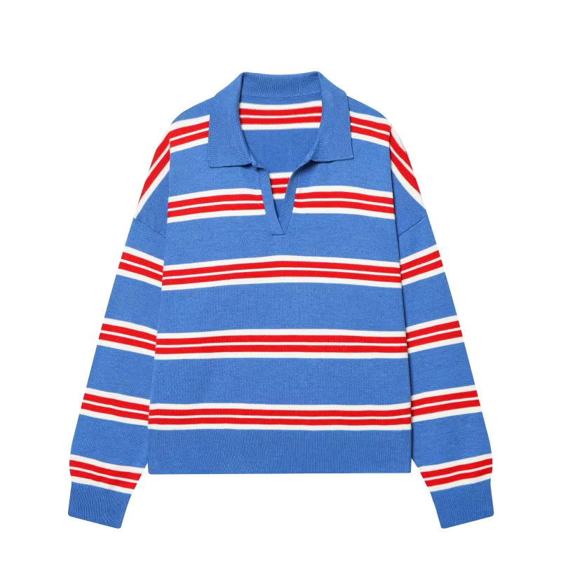 ETJ 2025 Herbst Damen neue Linie Street Style Mode gelb breit gestreift Polokragen lose Version des langärmeligen Pullovers