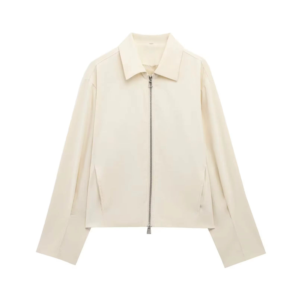 Damen Casual Einfarbige Reißverschluss-Jacke Damen Streetwear mit Revers und Taschen Langarm Schlichte Plissierte Damen-Oberbekleidung Modische Bomberjacke