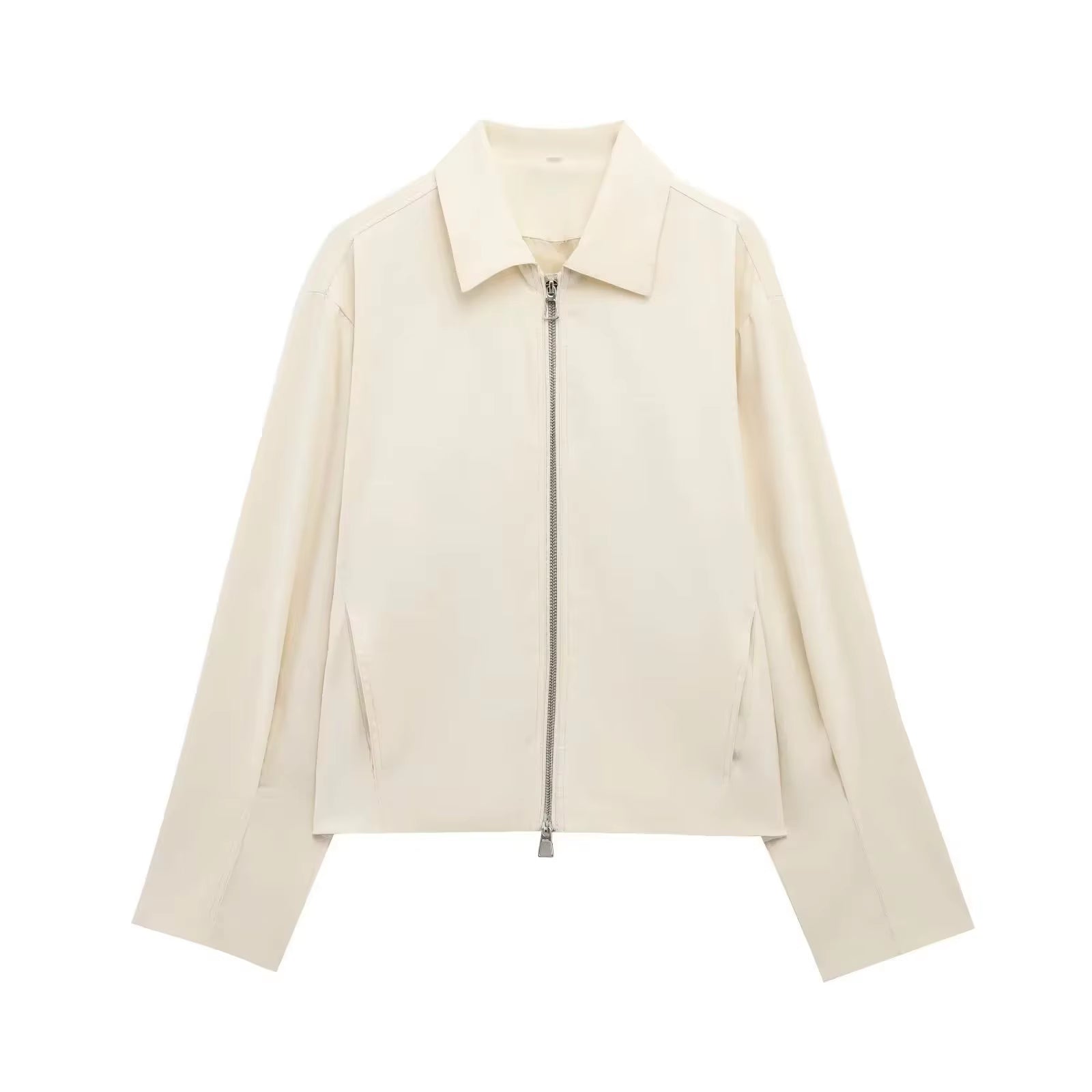 Damen Casual Einfarbige Reißverschluss-Jacke Damen Streetwear mit Revers und Taschen Langarm Schlichte Plissierte Damen-Oberbekleidung Modische Bomberjacke