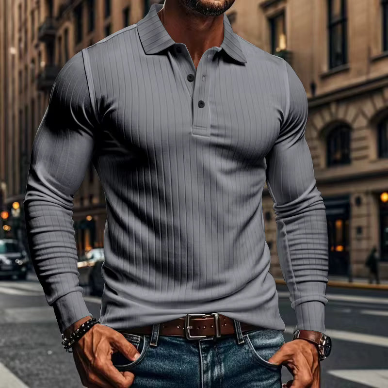 Grenzübergreifendes Herren-Poloshirt für den Herbst, klassisch, lässig, amerikanischer Stil, mit Revers, Knöpfen, langen Ärmeln und elastischem Rippenmuster.
