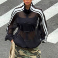 Sommer Damen Y2K Streetwear Vintage Chinesischer Stil Transparente Netzjacke mit Stehkragen, Langen Ärmeln, Seitenstreifen und Froschknöpfen