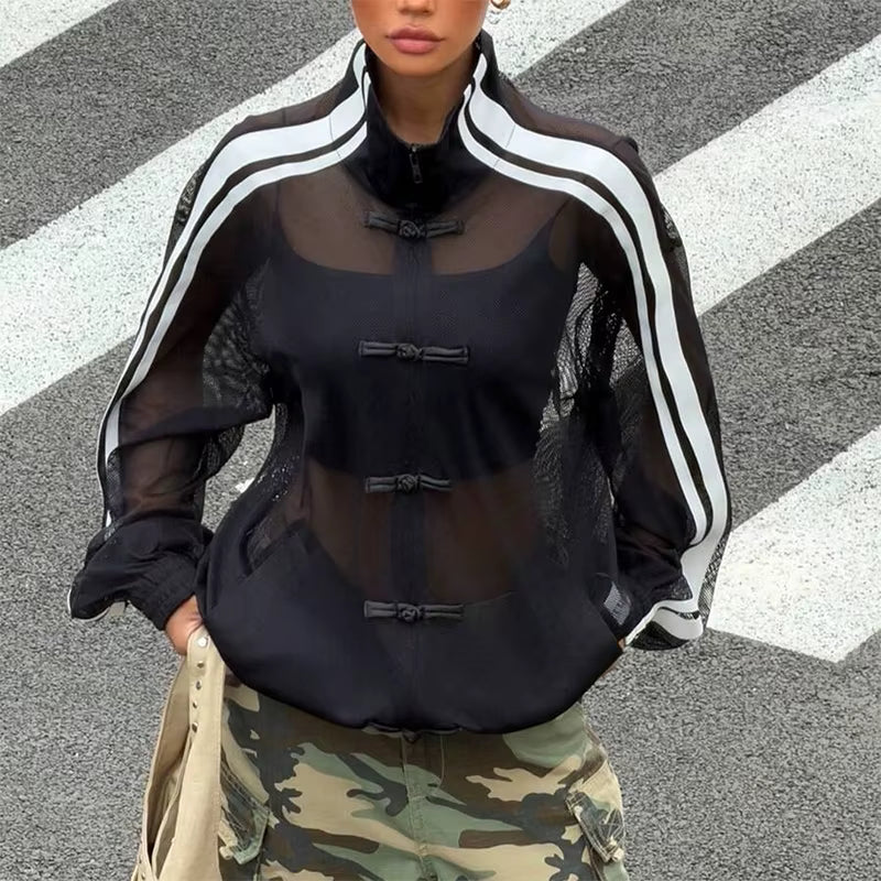 Sommer Damen Y2K Streetwear Vintage Chinesischer Stil Transparente Netzjacke mit Stehkragen, Langen Ärmeln, Seitenstreifen und Froschknöpfen