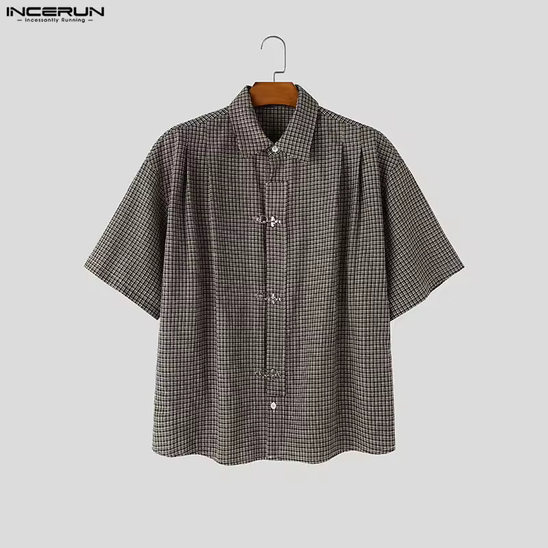 INCERUN Herren Kariertes Hemd Kurzarm Knopfleiste Locker Sitzende Herrenbekleidung Sommer Streetwear 2026 Modische Lässige Oberteile Koreanischer Stil Hemden