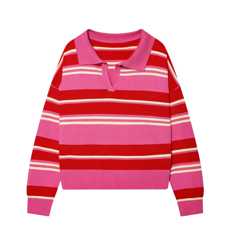 ETJ 2025 Herbst Damen neue Linie Street Style Mode gelb breit gestreift Polokragen lose Version des langärmeligen Pullovers