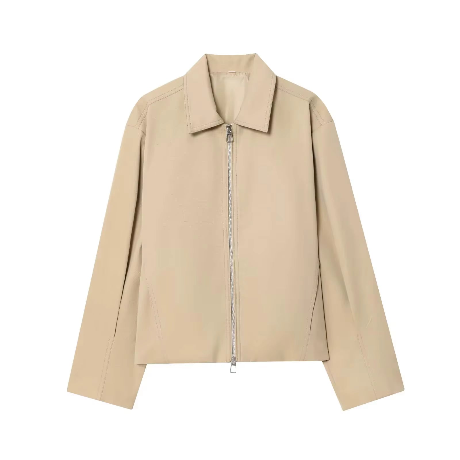 Damen Casual Einfarbige Reißverschluss-Jacke Damen Streetwear mit Revers und Taschen Langarm Schlichte Plissierte Damen-Oberbekleidung Modische Bomberjacke