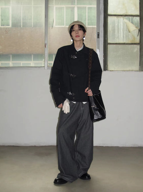Amerikanische Y2k Harajuku Schwarze Retro Gothic High Street Flugzeugknopf-Jacke für Männer und Frauen Modische Koreanische Lässige Vintage-Jacke