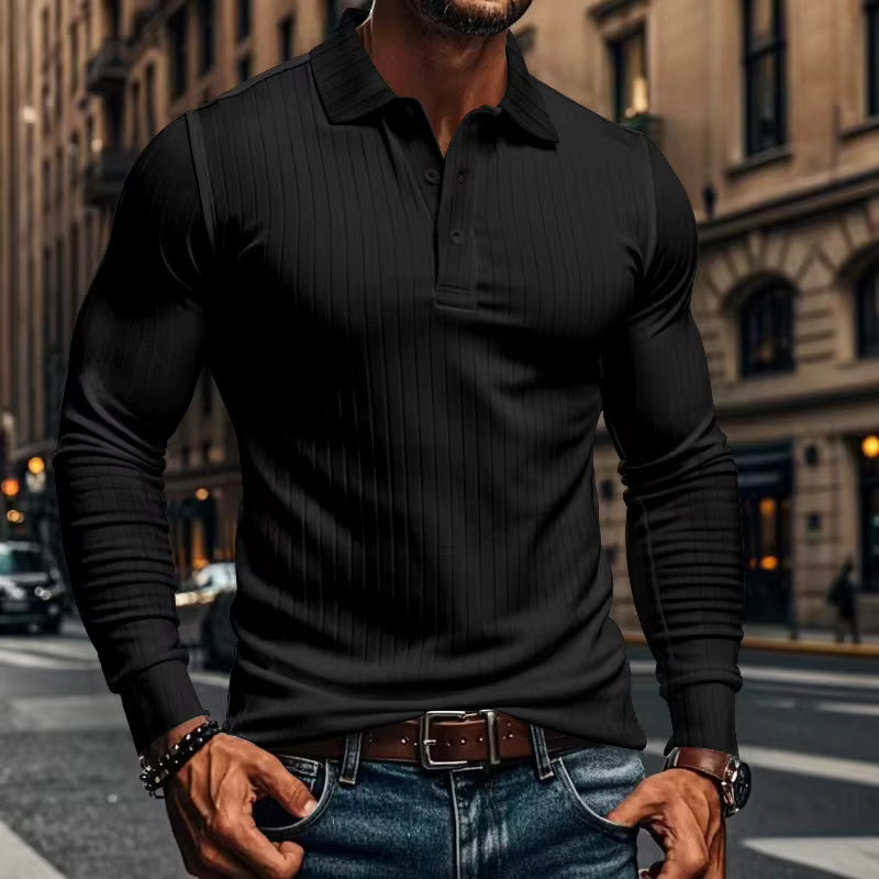 Grenzübergreifendes Herren-Poloshirt für den Herbst, klassisch, lässig, amerikanischer Stil, mit Revers, Knöpfen, langen Ärmeln und elastischem Rippenmuster.